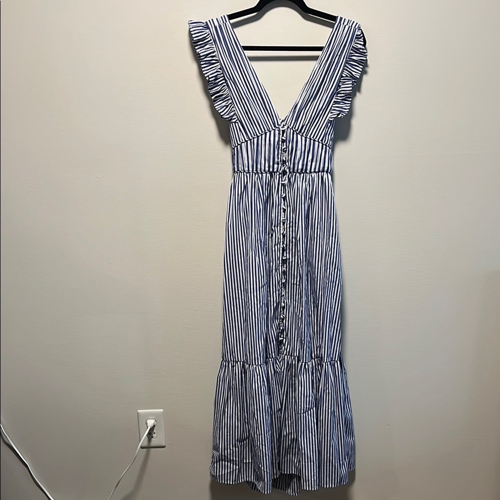 O.P.T. Stella Blue and White Stripped Tiered Ruffle Midi Dress, Seersucker, Size - Picture 3 of 13